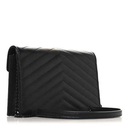 Saint Laurent Grain De Poudre Matelasse Chevron Monogram Monochrome Envelope Chain Wallet Black 3 of 10
