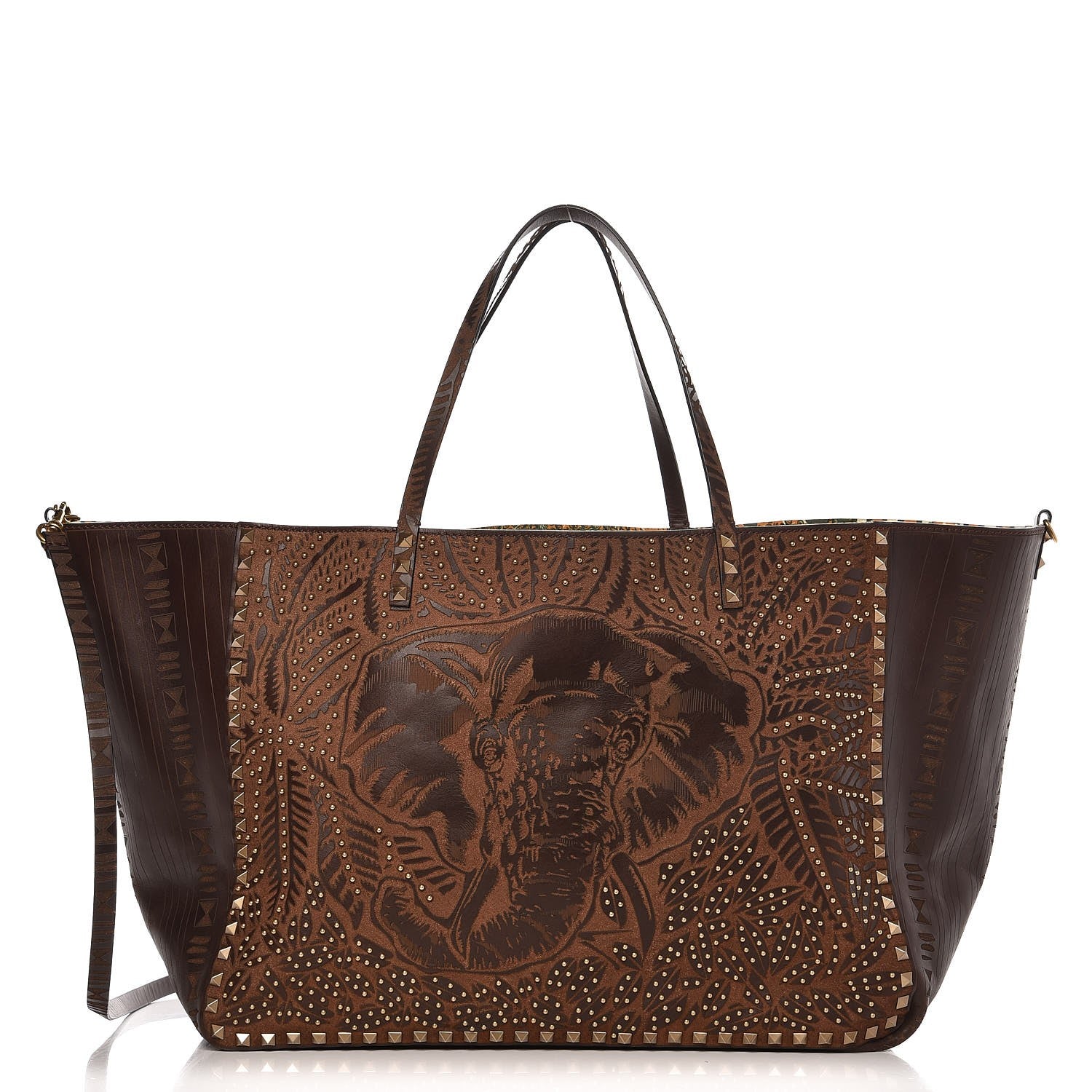 Valentino Garavani Calfskin Canvas Elephant Embossed Medium Rockstud Reversible Tote Brown 1 of 11