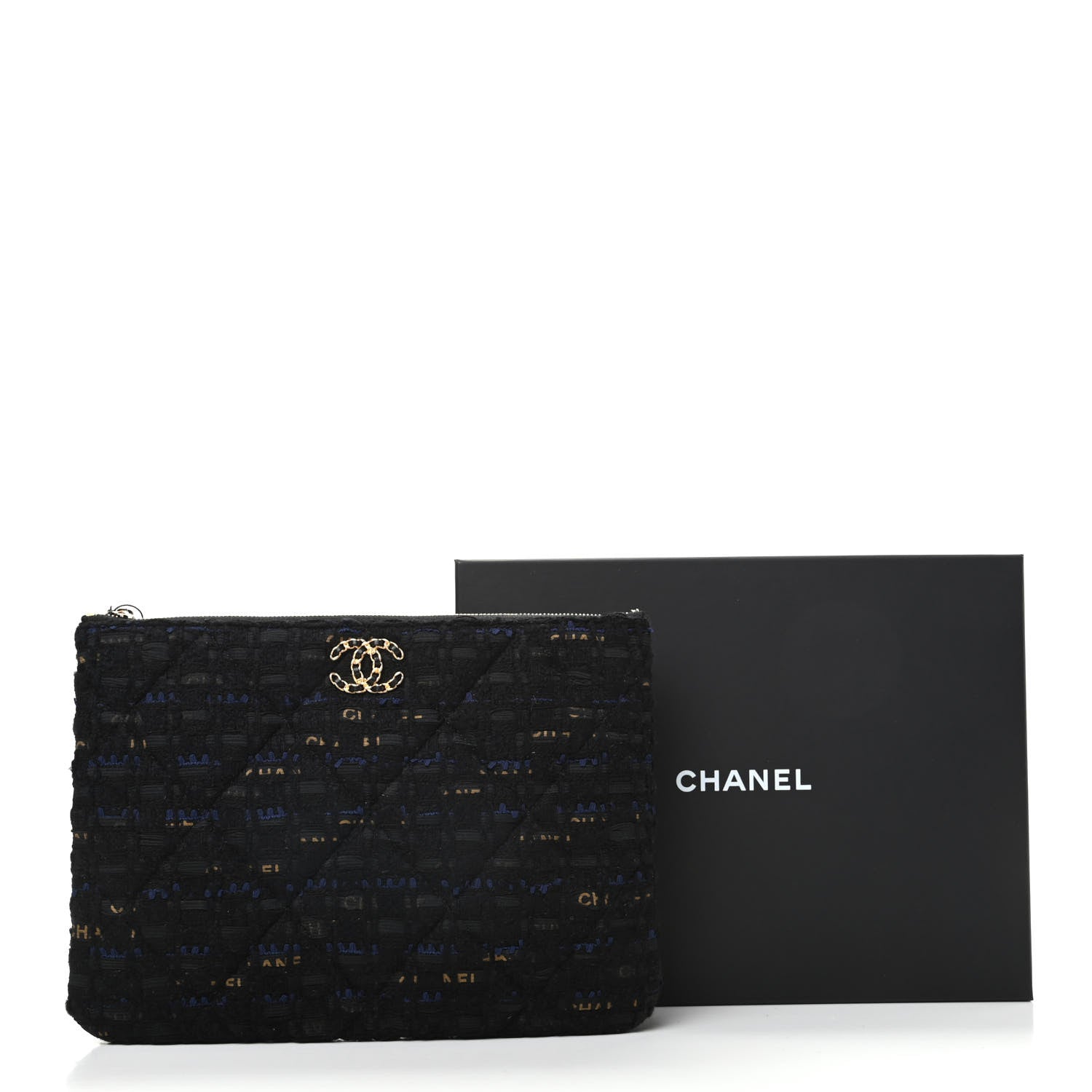 Chanel Tweed Quilted Large Chanel 19 Pouch Black Navy Gold 8 of 8