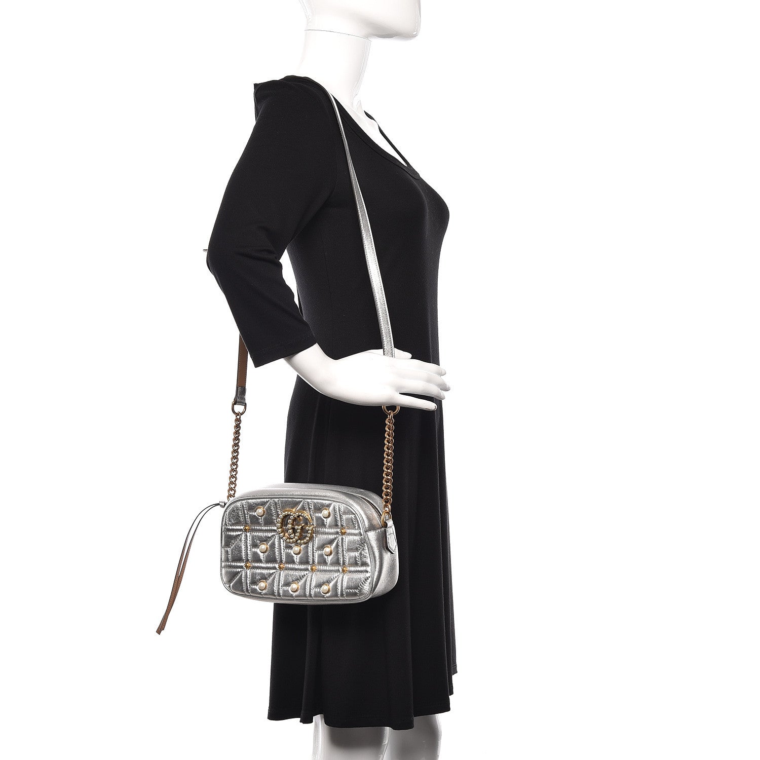 Gucci Metallic Calfskin Matelasse Studded Small Pearly GG Marmont Chain Shoulder Bag Silver 2 of 10