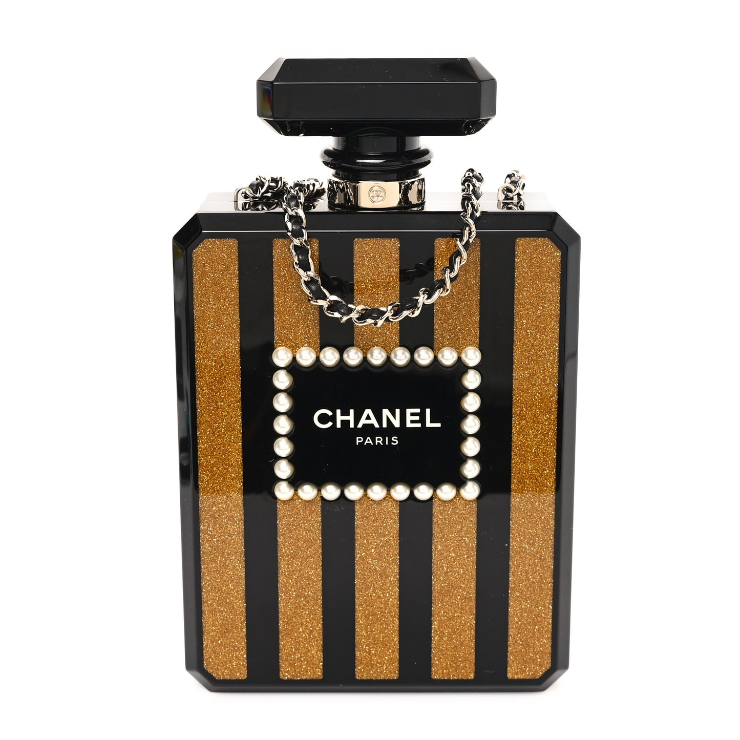 Plexiglass Perfume Bottle Clutch Black Gold