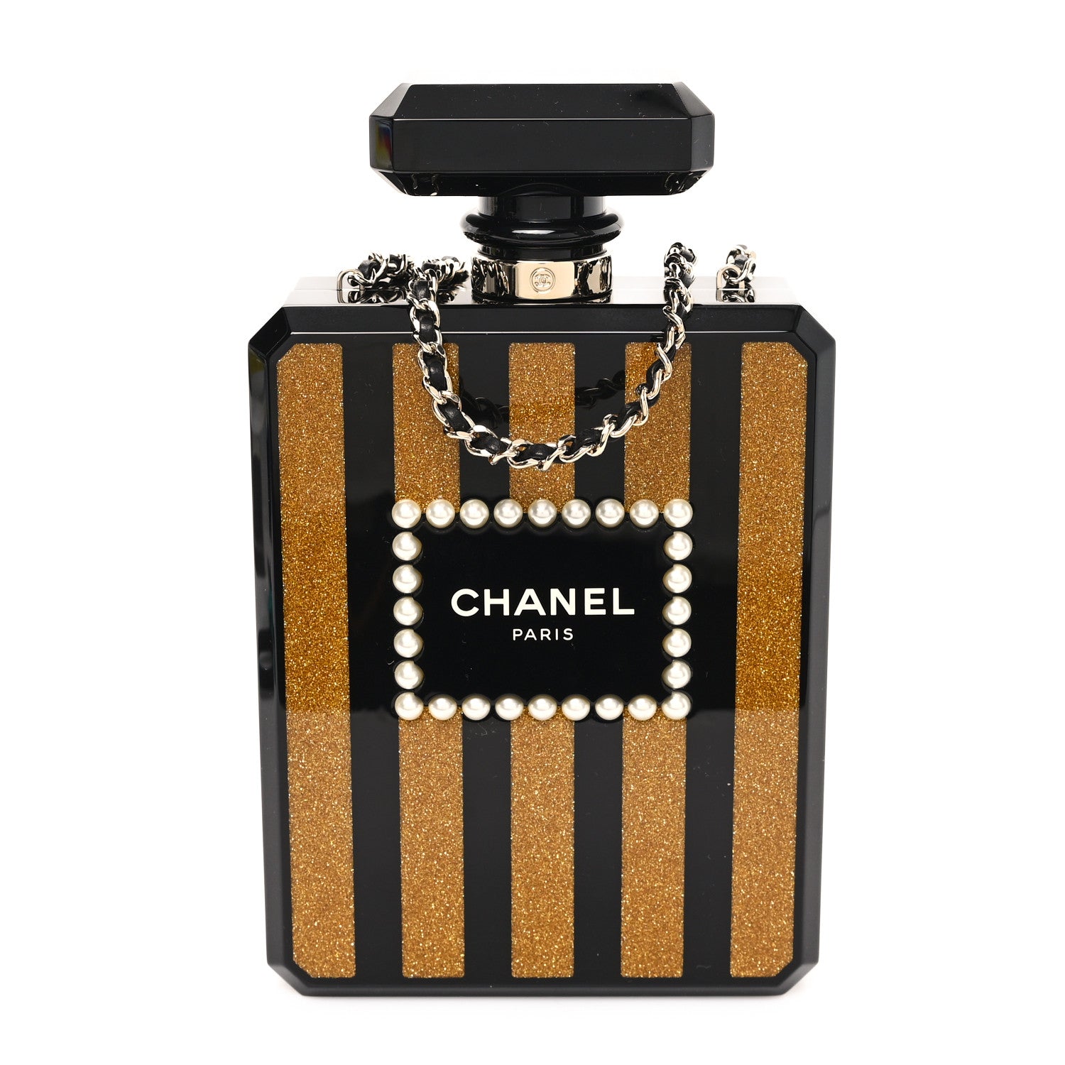 Chanel Plexiglass Perfume Bottle Clutch Black Gold 1 of 12