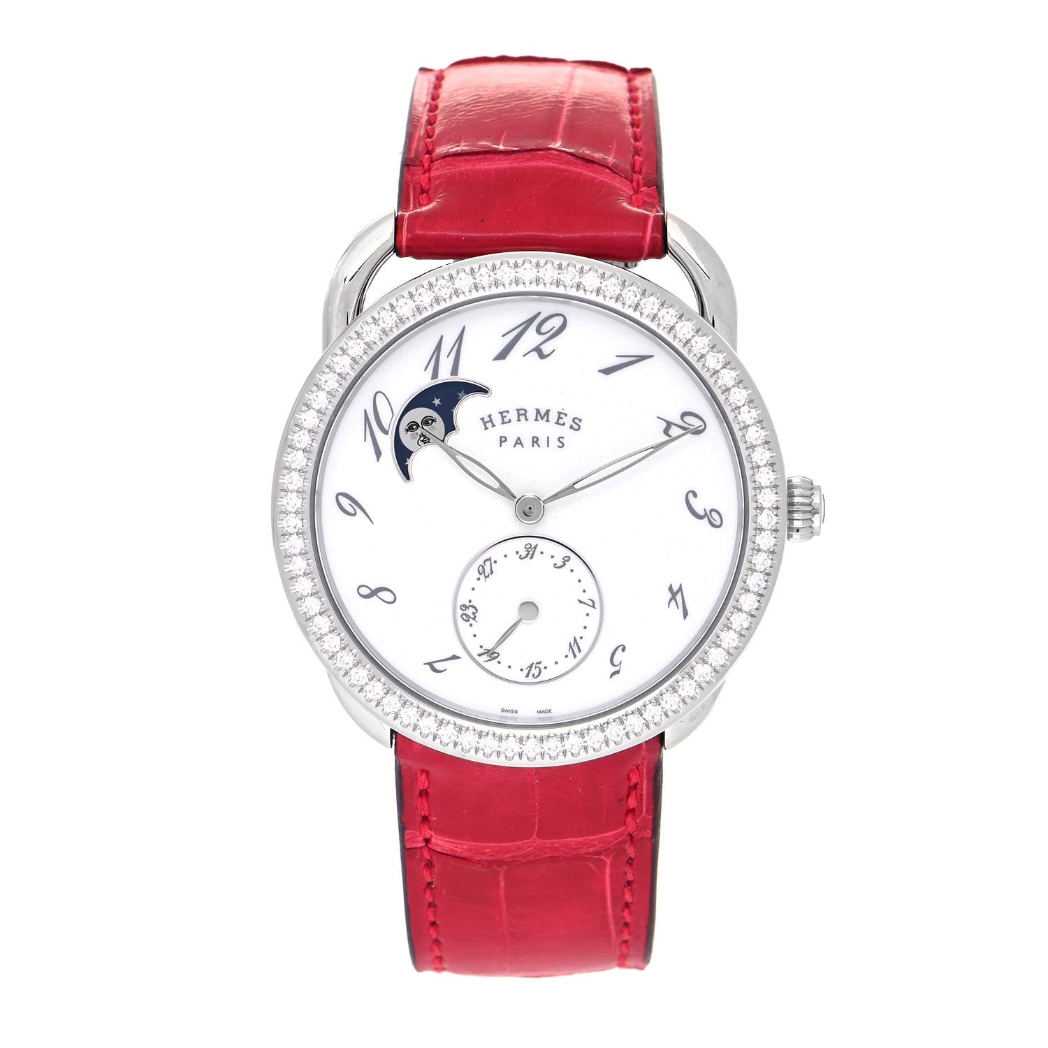 Hermes Stainless Steel Alligator Diamond Mother of Pearl 38mm Arceau Petite Lune Automatic Watch Braise 1 of 5