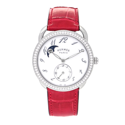 Hermes Stainless Steel Alligator Diamond Mother of Pearl 38mm Arceau Petite Lune Automatic Watch Braise 1 of 5