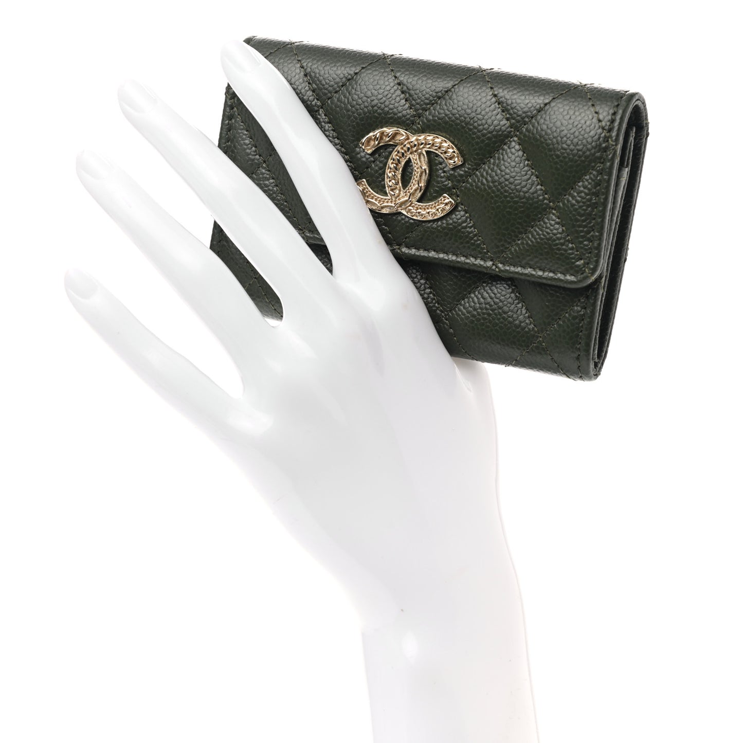Caviar Quilted Chain CC Flap Card Holder Khaki