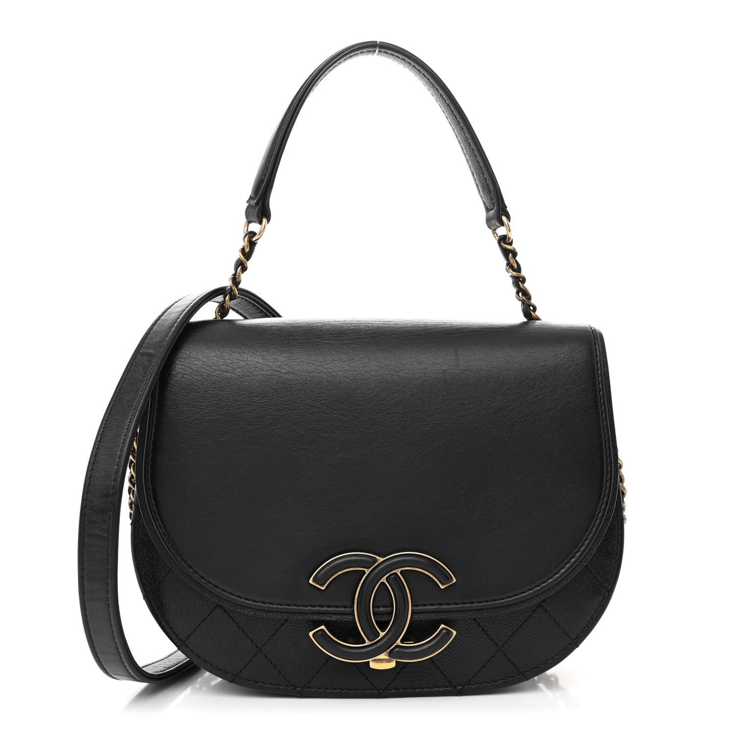 Shiny Calfskin Goatskin Quilted Small Coco Curve Messenger Flap Black