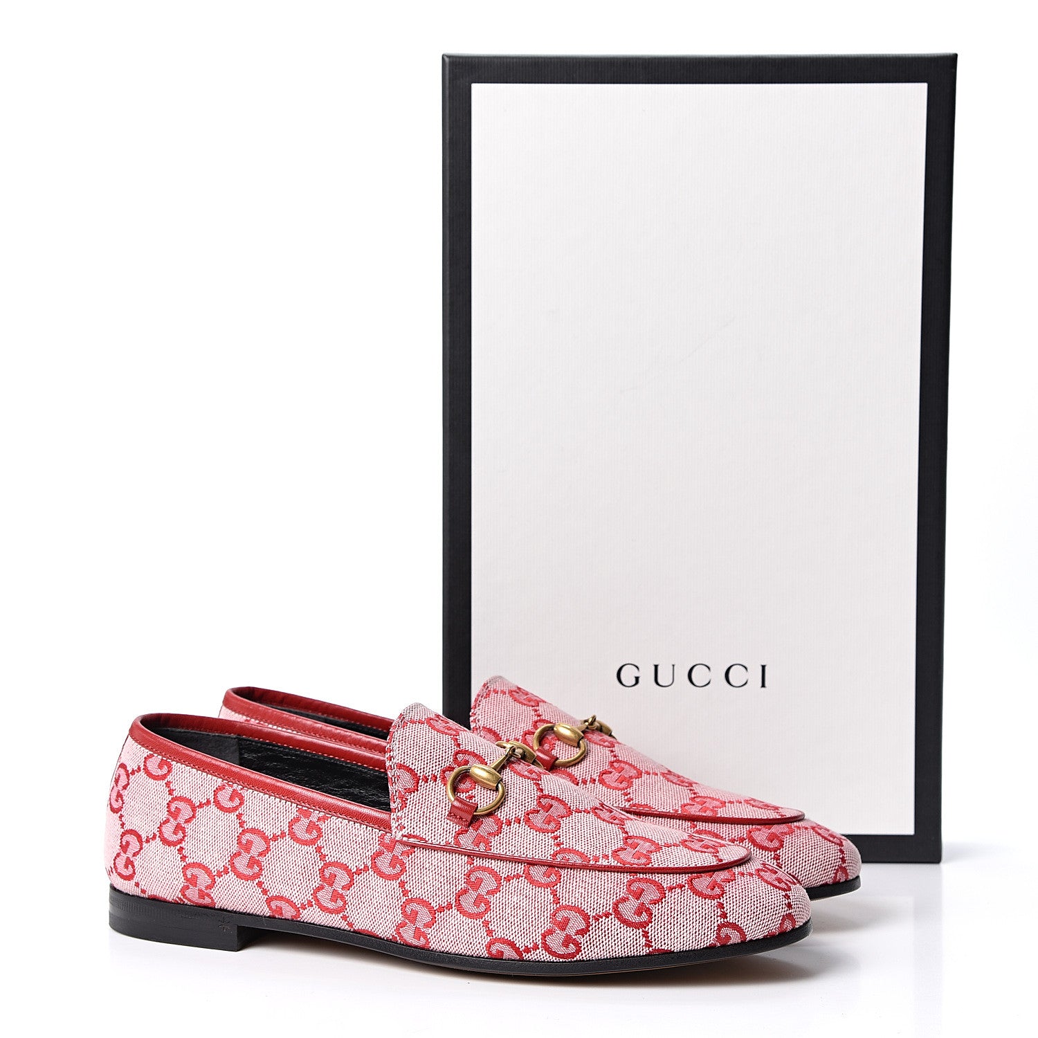 Gucci Canvas GG Monogram Horsebit Womens Jordaan Loafers 37 Gardenia Hibiscus Red 10 of 10