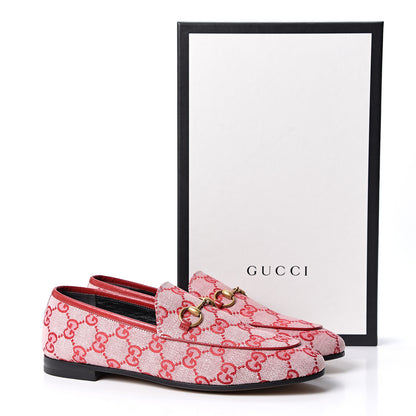 Gucci Canvas GG Monogram Horsebit Womens Jordaan Loafers 37 Gardenia Hibiscus Red 10 of 10