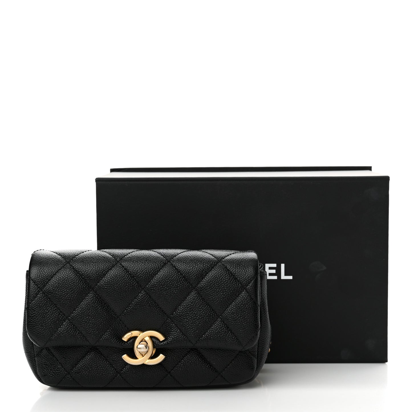 Shiny Caviar Quilted Chain Melody Waist Belt Bag Black