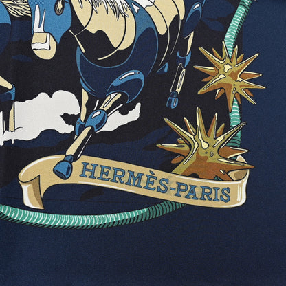 Hermes Silk Les Mustangs Double Face Scarf 90 Bleu Noir Mandarine 2 of 6