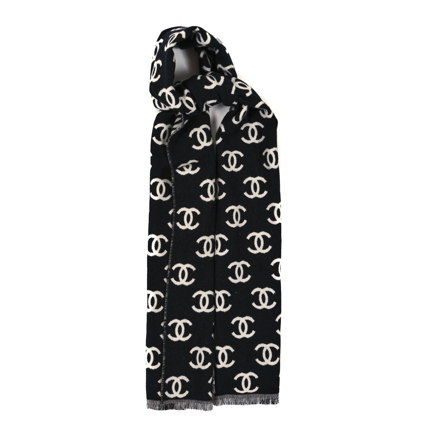 Chanel Wool Cashmere CC Scarf Black White 1 of 3