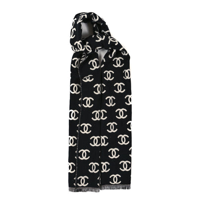 Chanel Wool Cashmere CC Scarf Black White 1 of 3