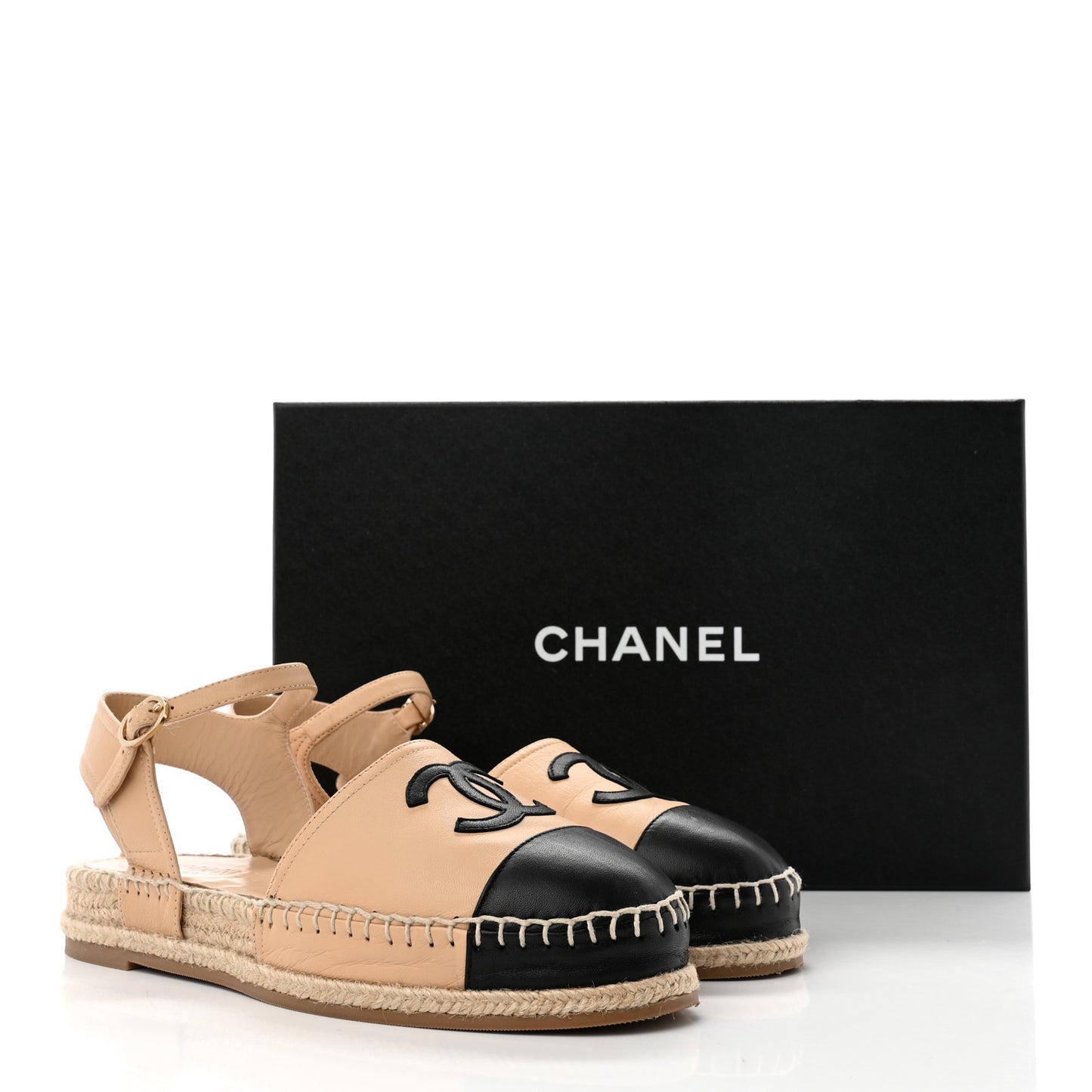 Lambskin Cap Toe CC Espadrille Sandals 38 Beige Black