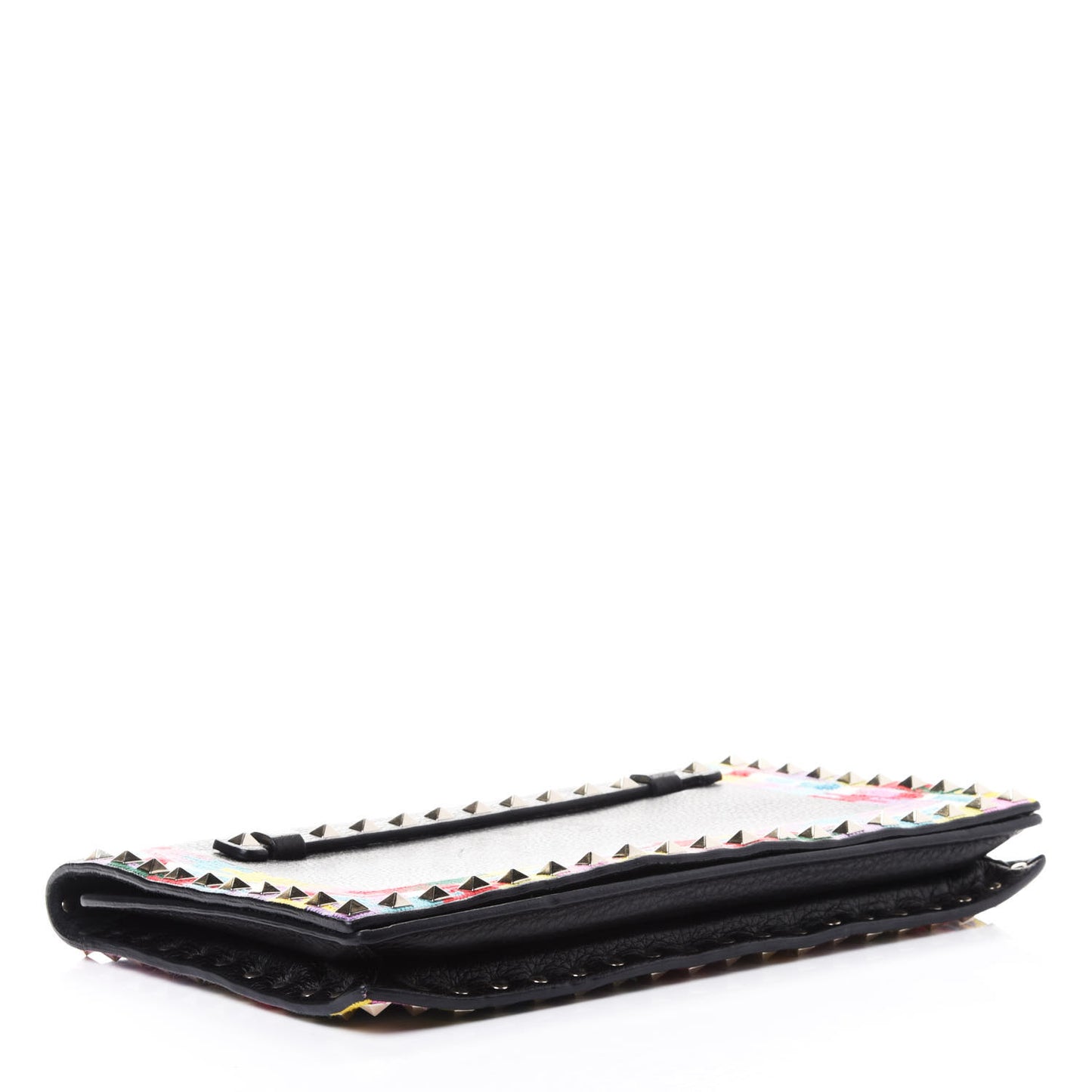Grained Calfskin Embroidered Rockstud Wristlet Clutch Black