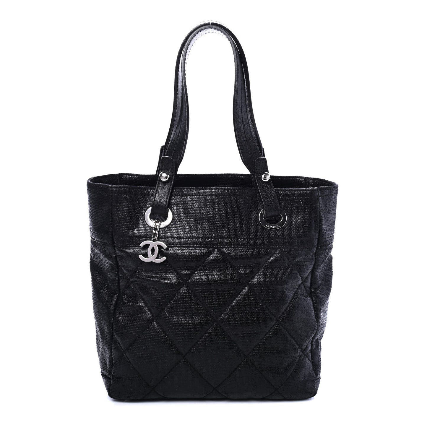 Metallic Coated Canvas Quilted Small Paris Biarritz Tote Black