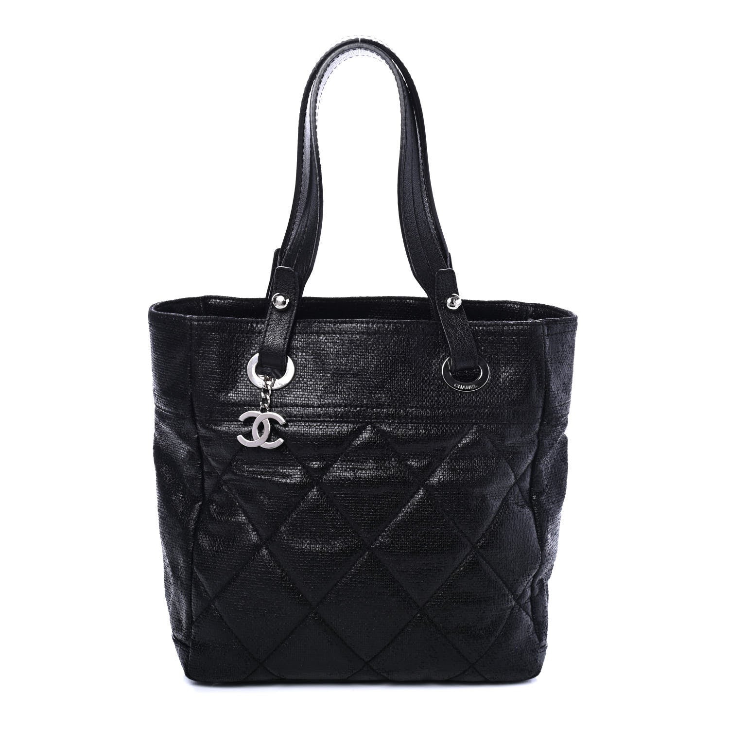 Chanel Metallic Coated Canvas Quilted Small Paris Biarritz Tote Black 1 of 4