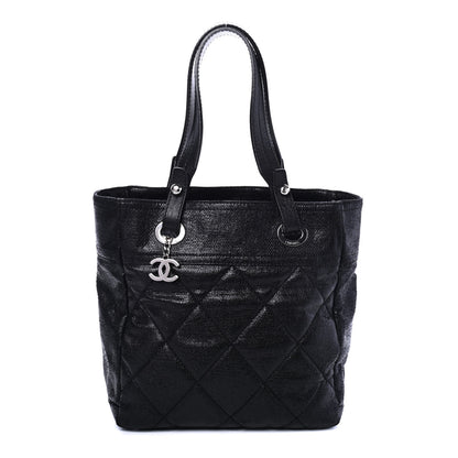 Chanel Metallic Coated Canvas Quilted Small Paris Biarritz Tote Black 1 of 4