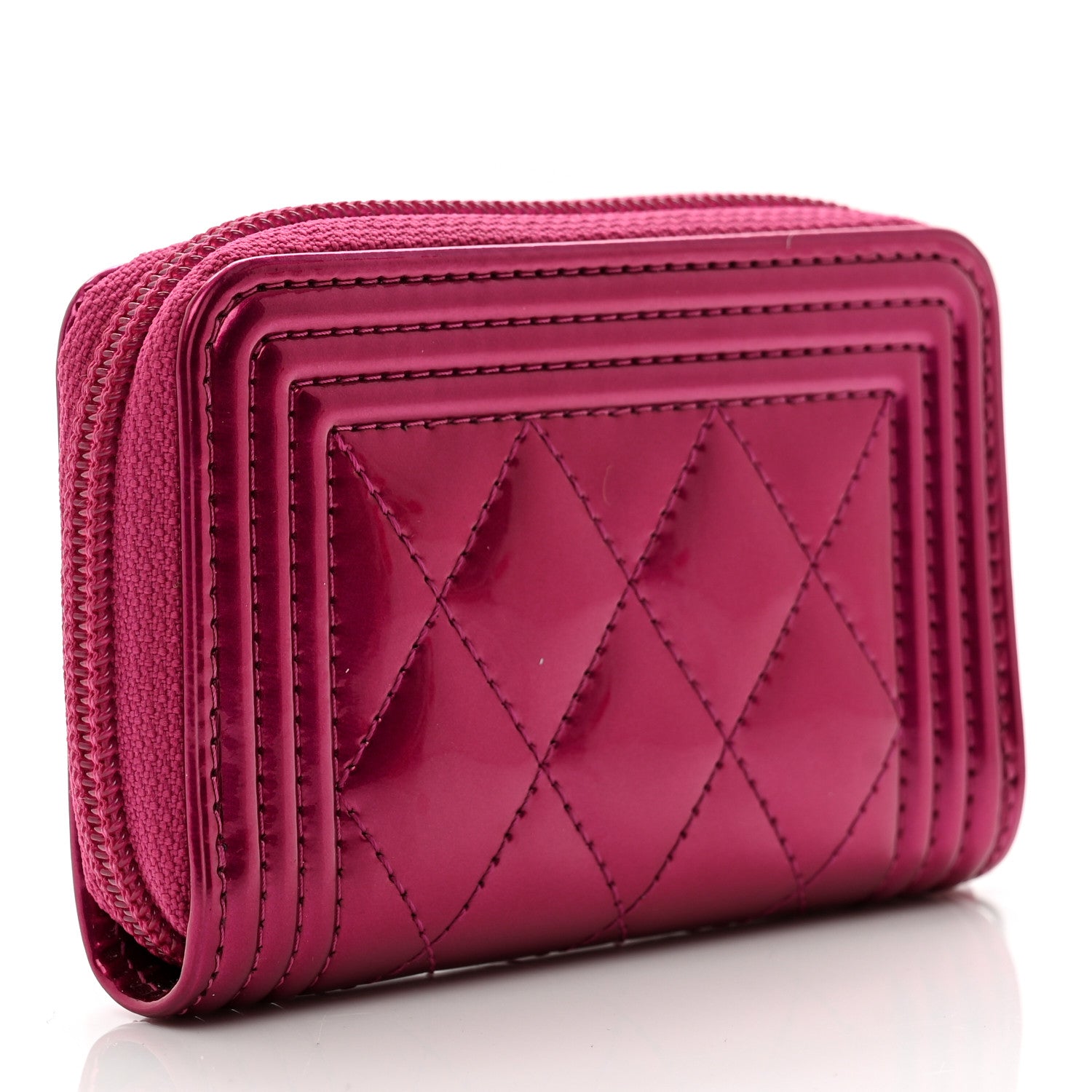 Chanel Metallic Patent Quilted Zip Around Boy Coin Purse Wallet Fuchsia 3 of 8
