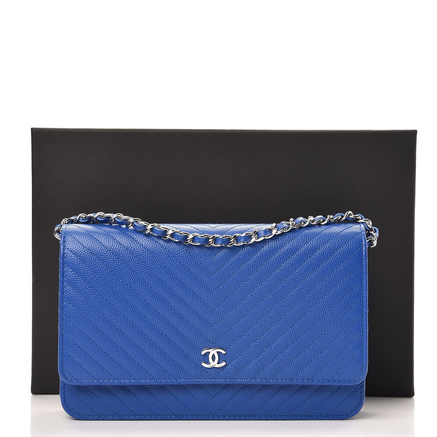 Caviar Chevron Quilted Wallet On Chain WOC Bright Blue