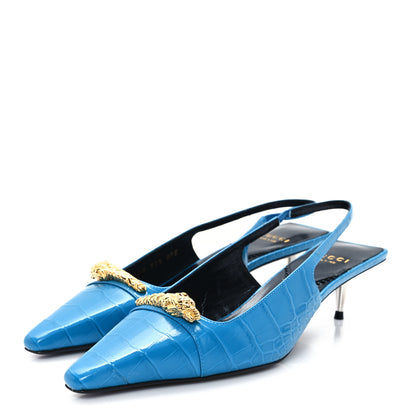 Gucci Calfskin Crocodile Print Square Slingback Pumps 37.5 Bright Sapphire 4 of 10