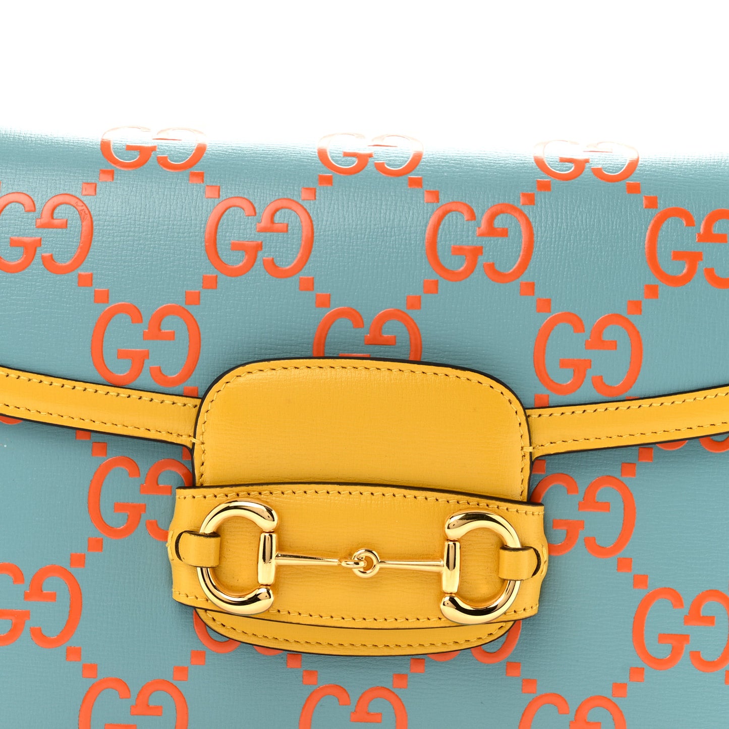Azalea Calfskin GG Monogram Bi-Color Debossed Horsebit 1955 Shoulder Bag Dusty Azure Stone Topaz Deep Orange