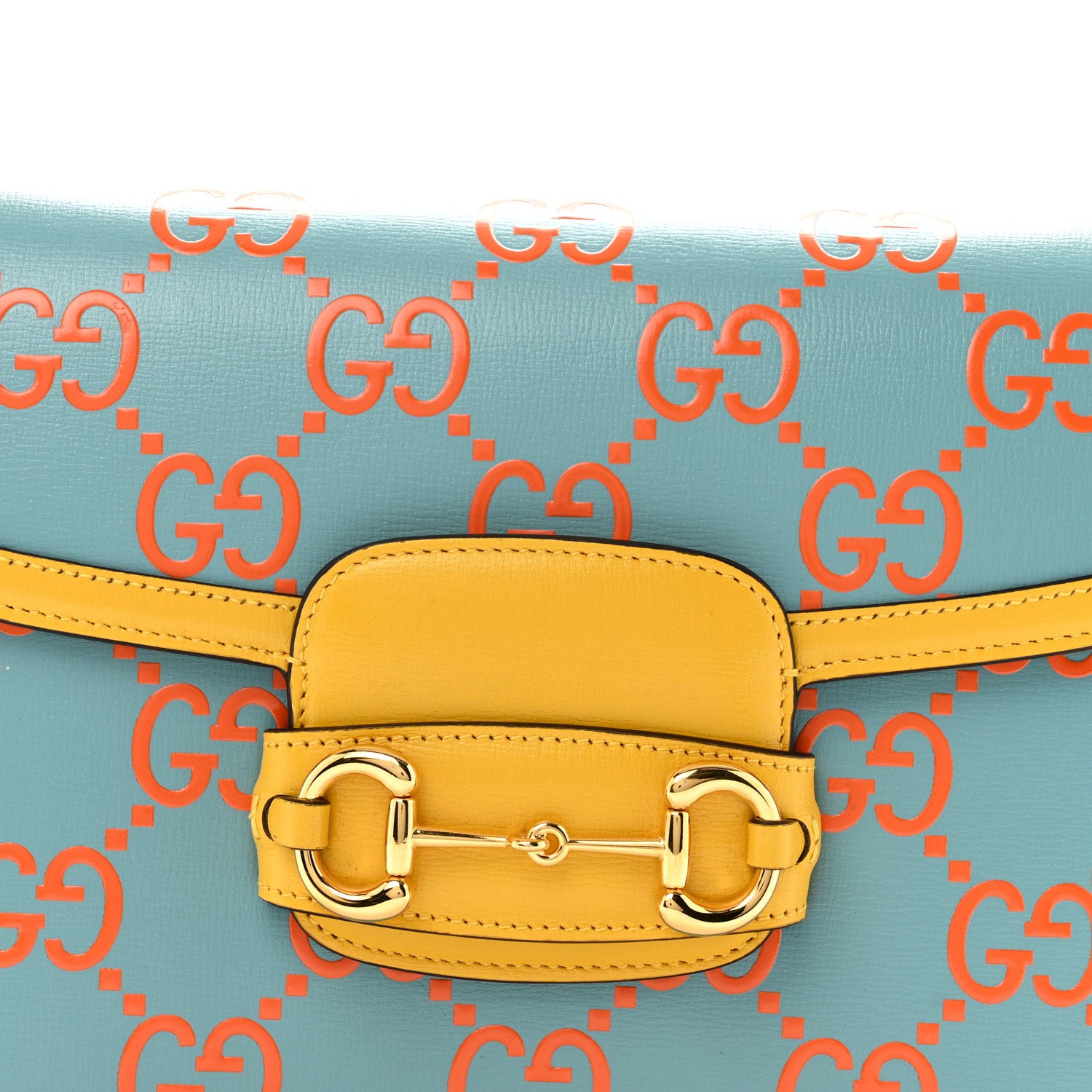 Gucci Azalea Calfskin GG Monogram Bi-Color Debossed Horsebit 1955 Shoulder Bag Dusty Azure Stone Topaz Deep Orange 9 of 16
