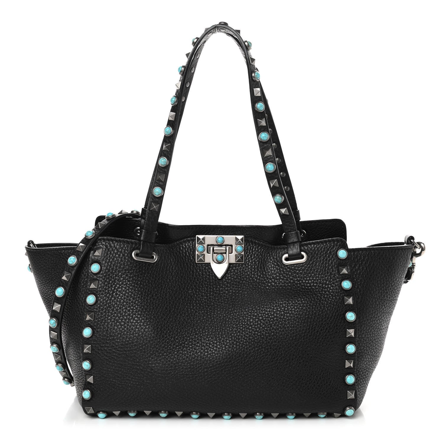 Valentino Garavani Grained Calfskin Turquoise Small Rockstud Rolling Tote Black 1 of 9
