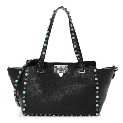 Valentino Garavani Grained Calfskin Turquoise Small Rockstud Rolling Tote Black 1 of 9