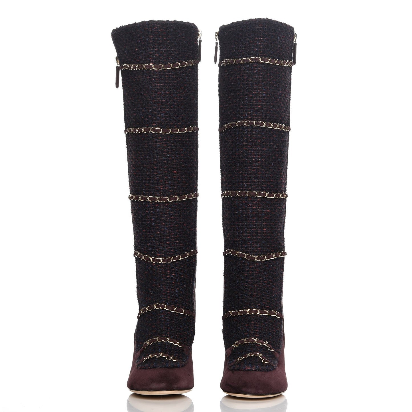 Suede Tweed Patent Quilted Zip Knee High Boots 39.5 Black Navy Burgundy