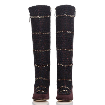 Chanel Suede Tweed Patent Quilted Zip Knee High Boots 39.5 Black Navy Burgundy 2 of 12