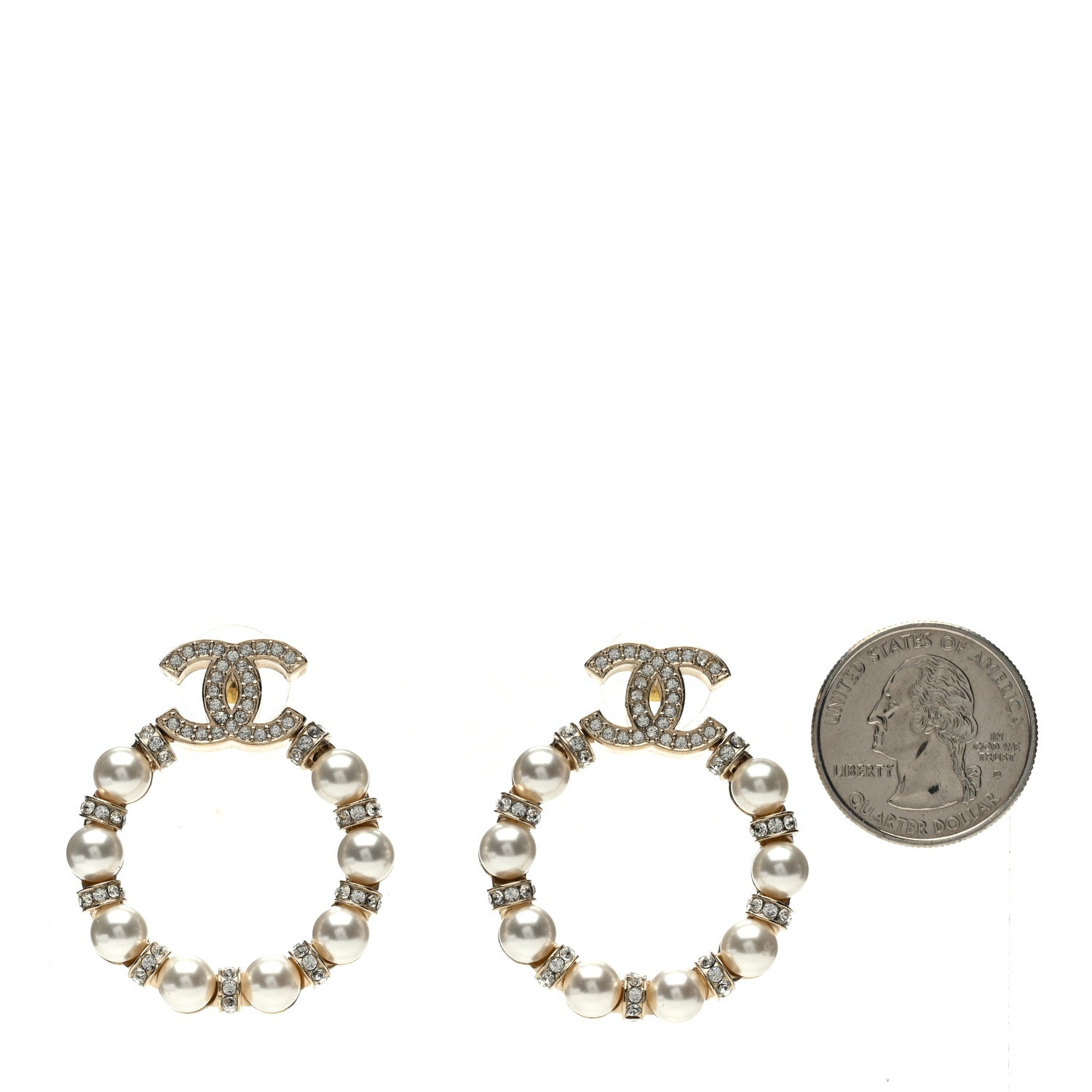 Chanel Crystal Pearl CC Hoop Earrings Gold Pearly White 2 of 5