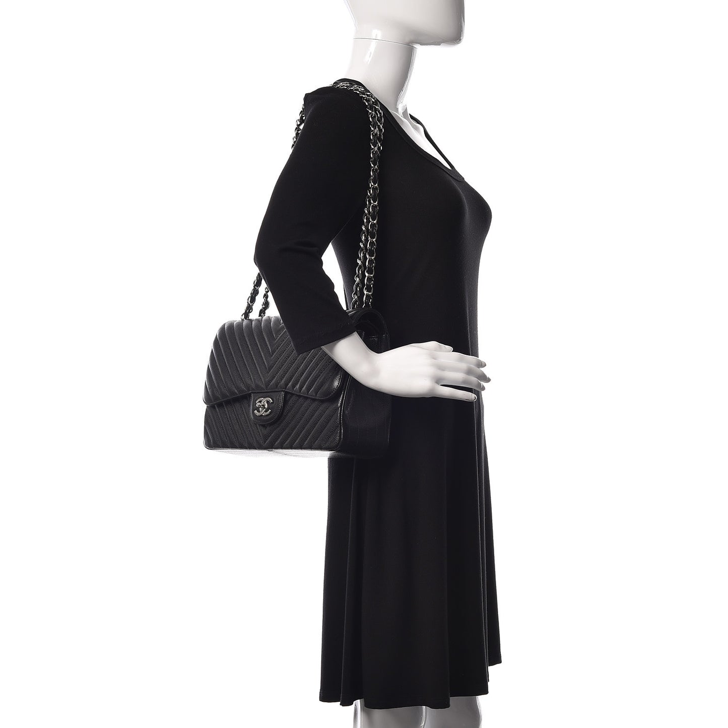 Caviar Chevron Quilted Jumbo Double Flap Black