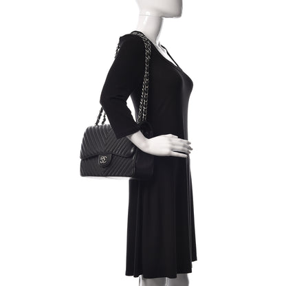 Chanel Caviar Chevron Quilted Jumbo Double Flap Black 2 of 11