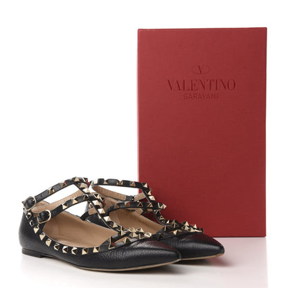 Valentino Garavani Pebbled Calfskin Rockstud Cage Ballerina Flats 39.5 Black 12 of 12