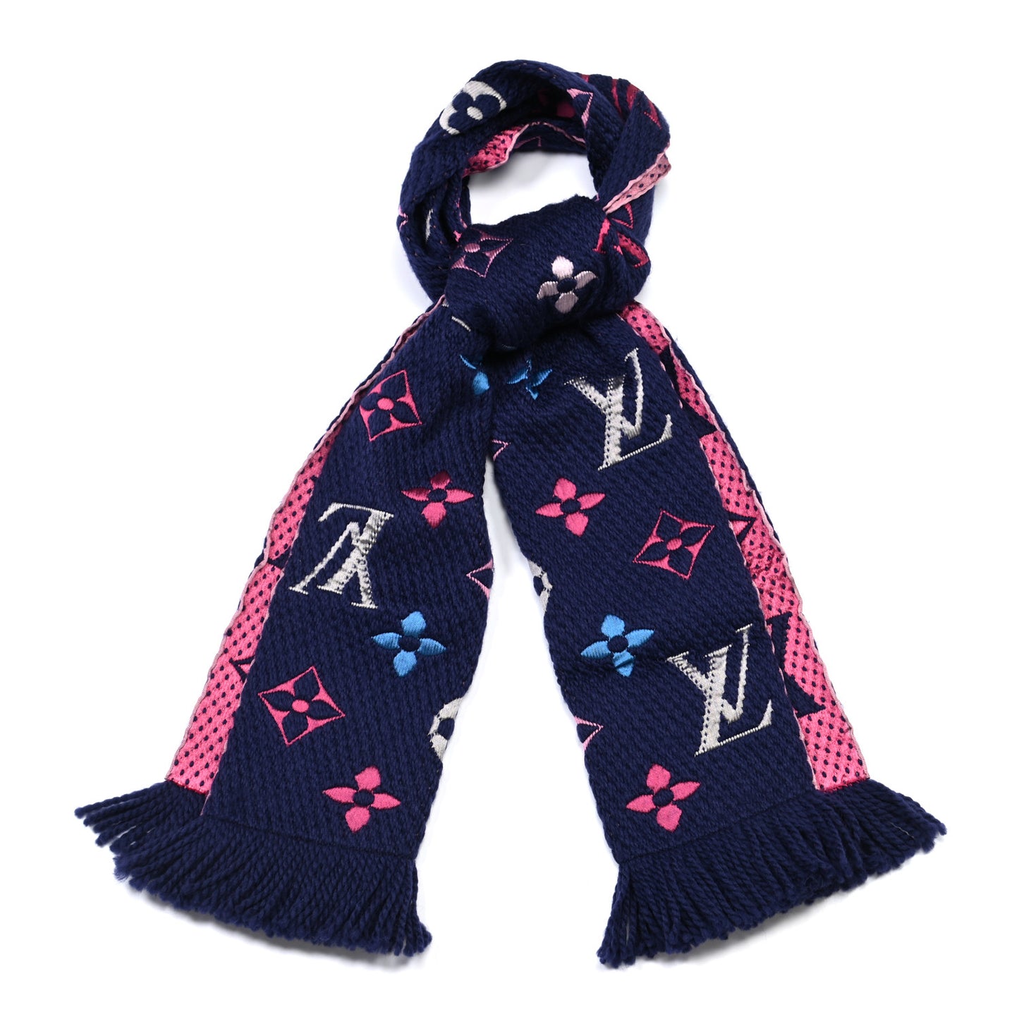 Wool Silk Rainbow Logomania Scarf Navy