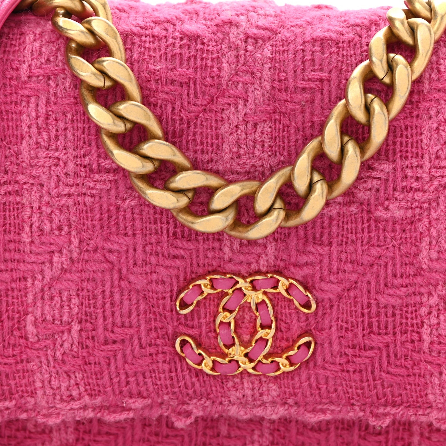 Chanel Wool Tweed Lambskin Quilted Chanel 19 Wallet On Chain WOC and Coin Purse Fuchsia 10 of 14