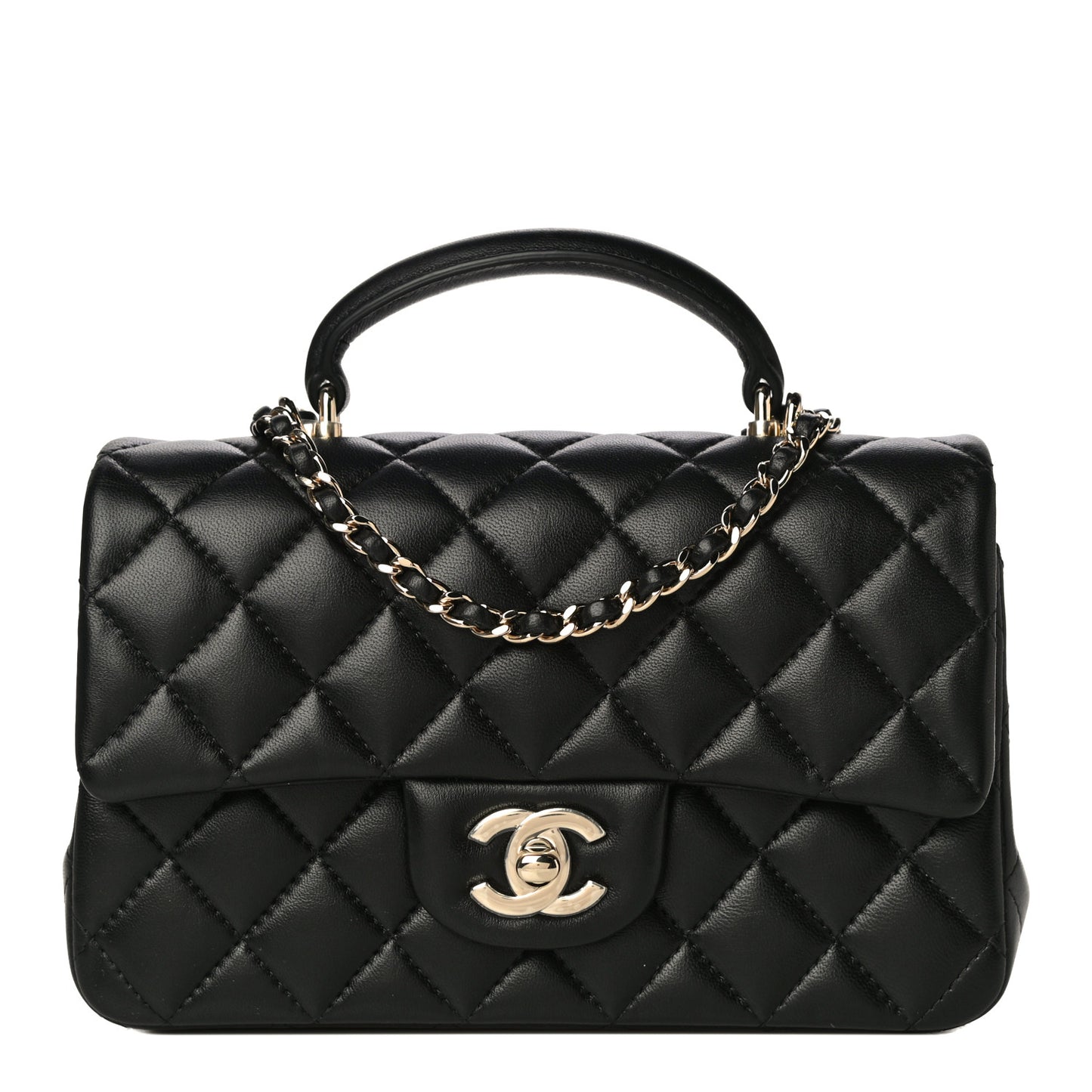 Lambskin Quilted Mini Top Handle Rectangular Flap Black