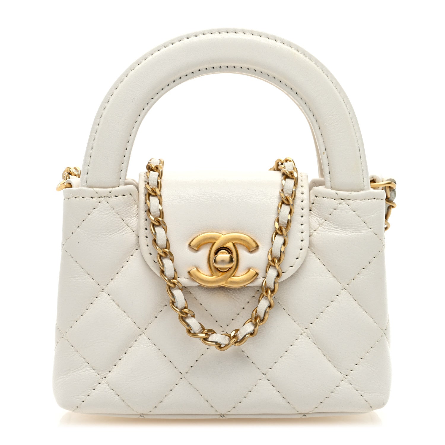 Chanel Shiny Aged Calfskin Quilted Mini Nano Kelly Shopper White 1 of 10