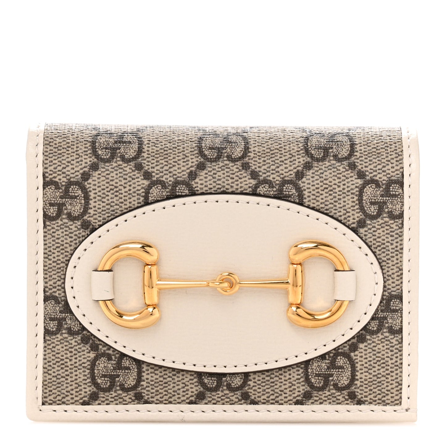 GG Supreme Monogram Azalea Calfskin Horsebit 1955 Card Case Wallet Beige Ebony Mystic White