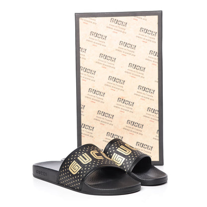 Gucci X SEGA Supreme Canvas GUCCY Stars Mens Slide Sandals 9 Black Gold 9 of 9