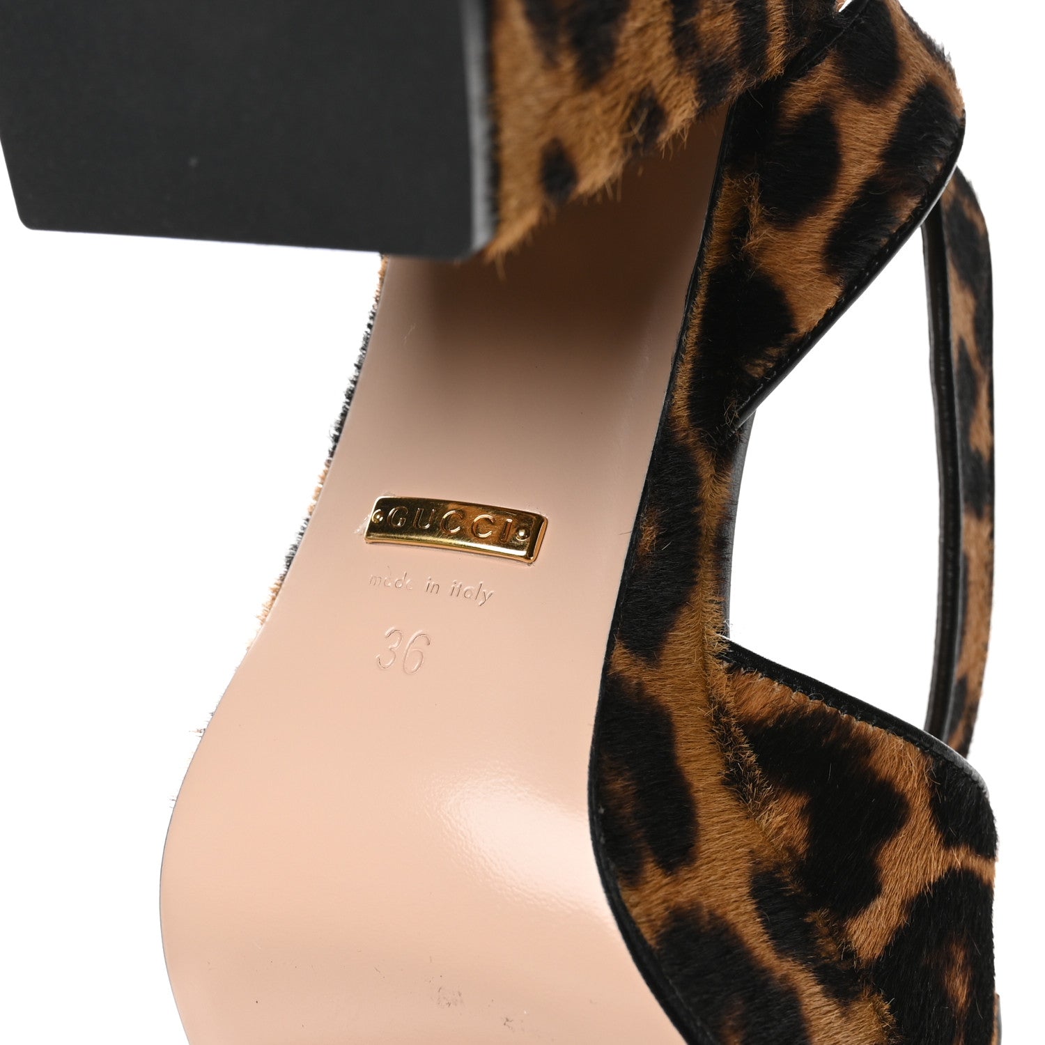 Gucci Calf Hair Leopard Print Horsebit 25/60mm Platform Sandals 36