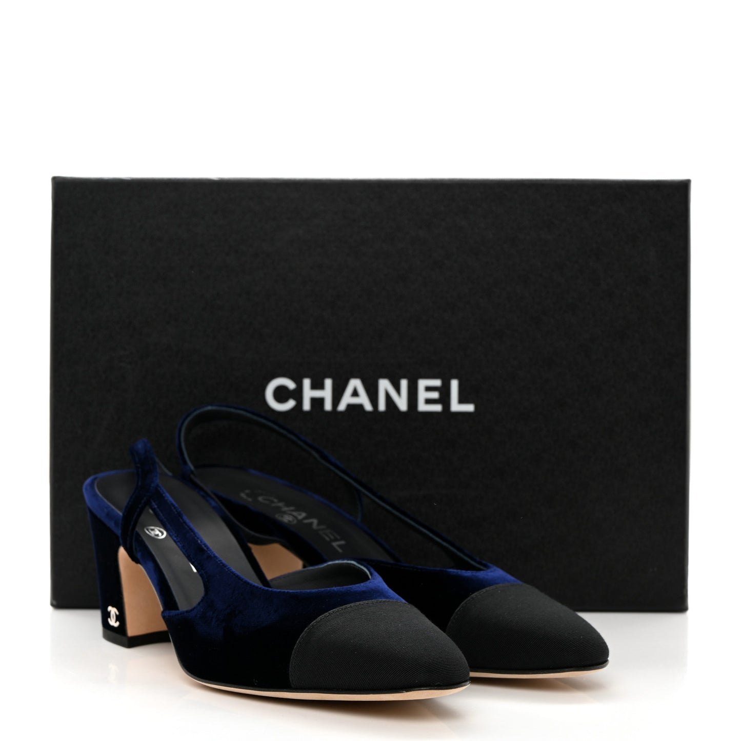 Velour Grosgrain Cap Toe CC Slingback Pumps 37.5 Blue Black