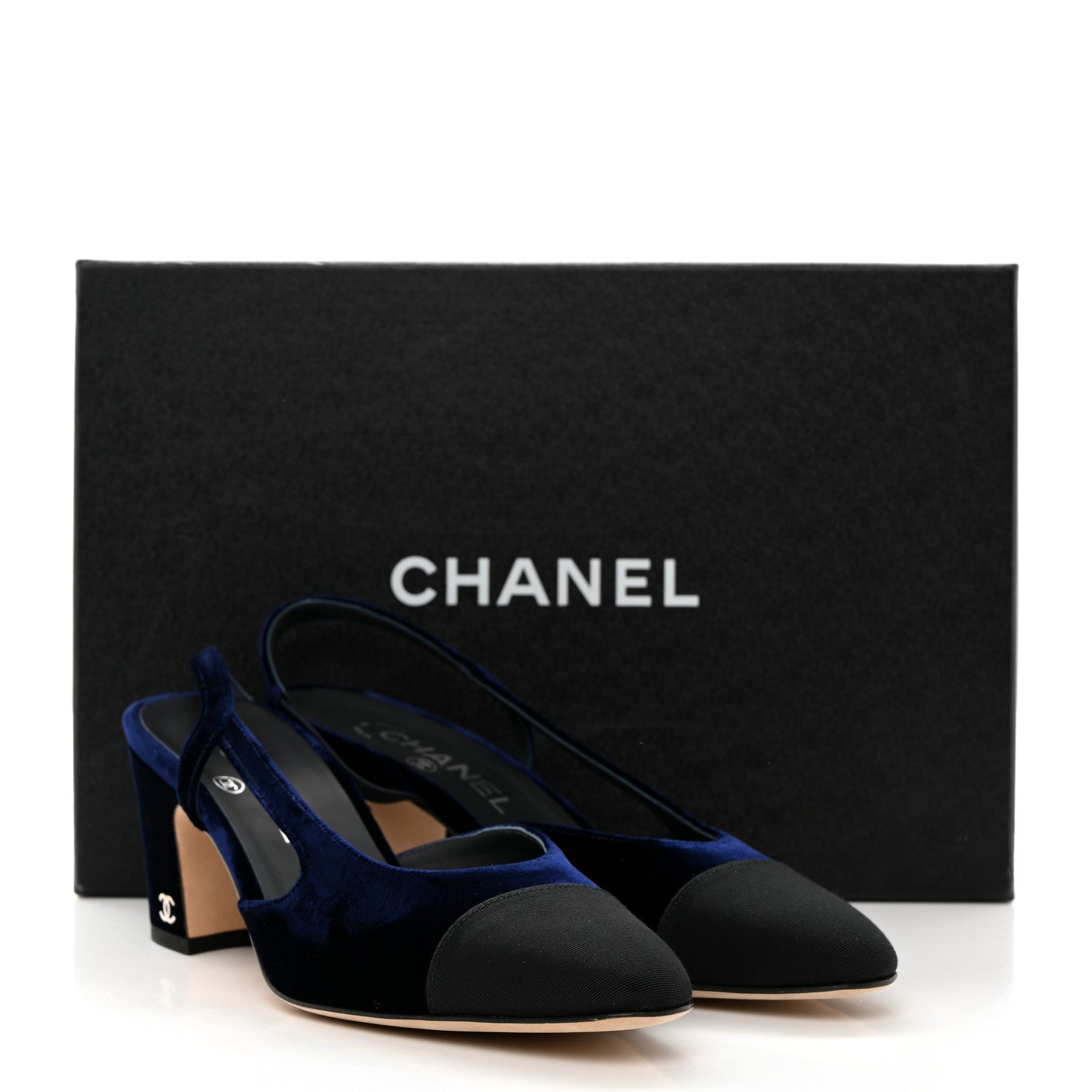 Chanel Velour Grosgrain Cap Toe CC Slingback Pumps 37.5 Blue Black 10 of 10
