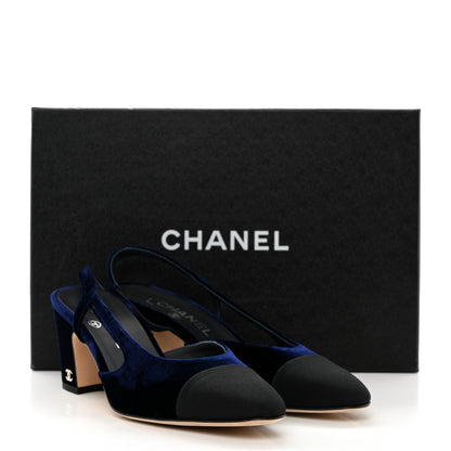 Chanel Velour Grosgrain Cap Toe CC Slingback Pumps 37.5 Blue Black 10 of 10