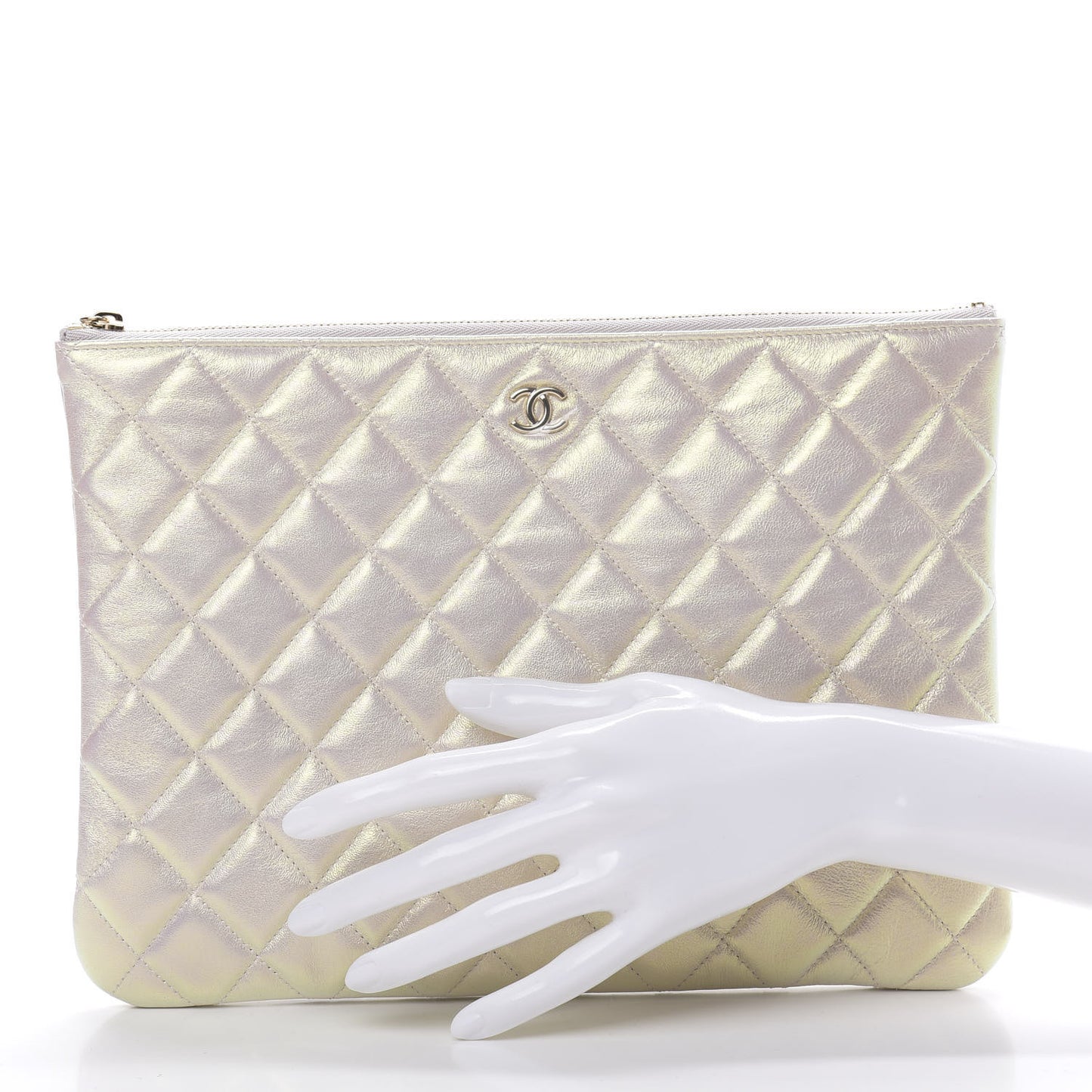 Iridescent Lambskin Quilted Medium Cosmetic Case Ivory