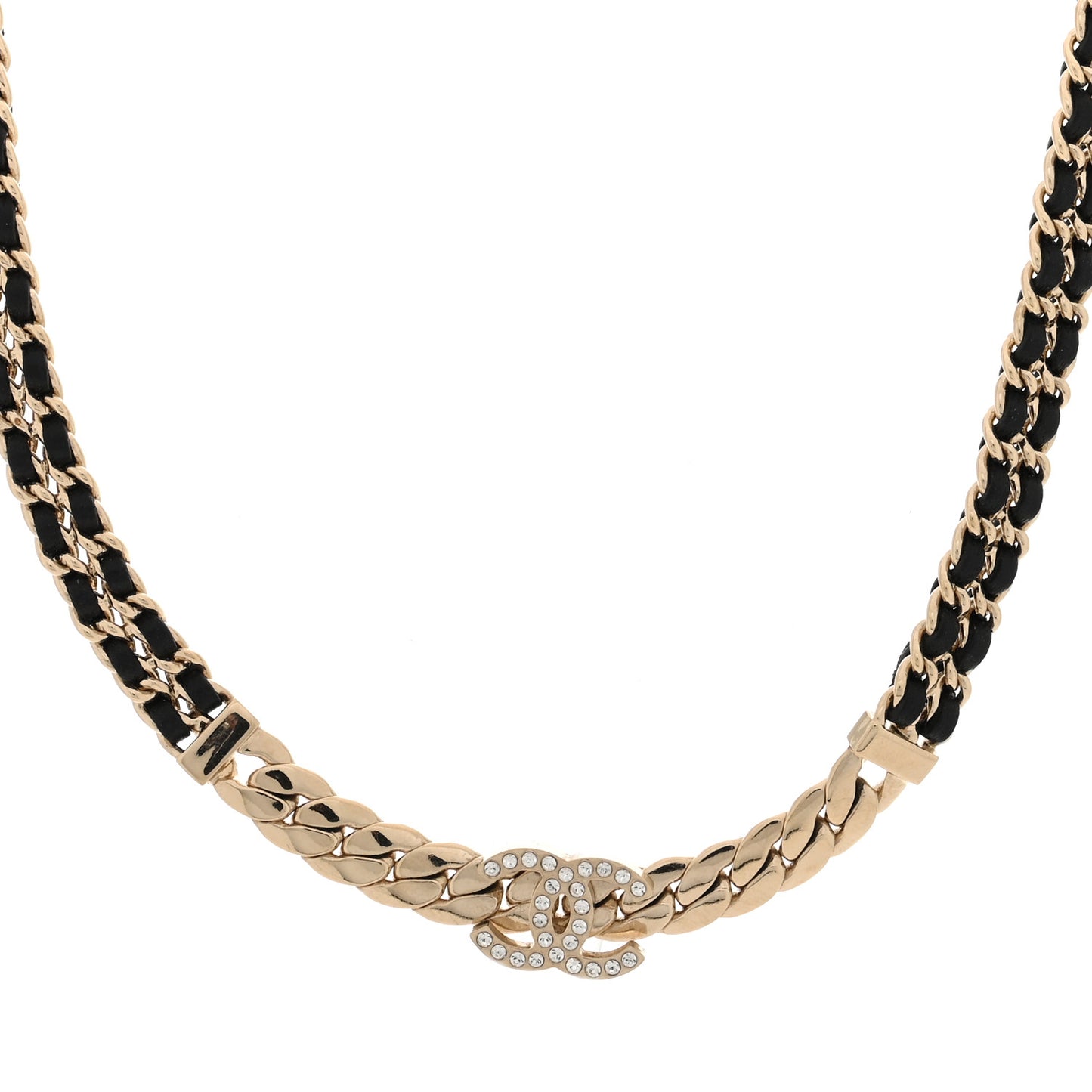 Lambskin Crystal CC Chain Choker Necklace Black Gold