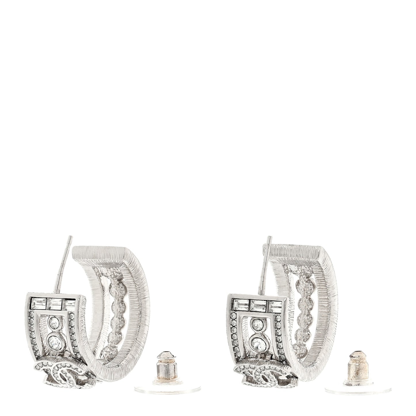 Metal Crystal CC Hoop Earrings Silver