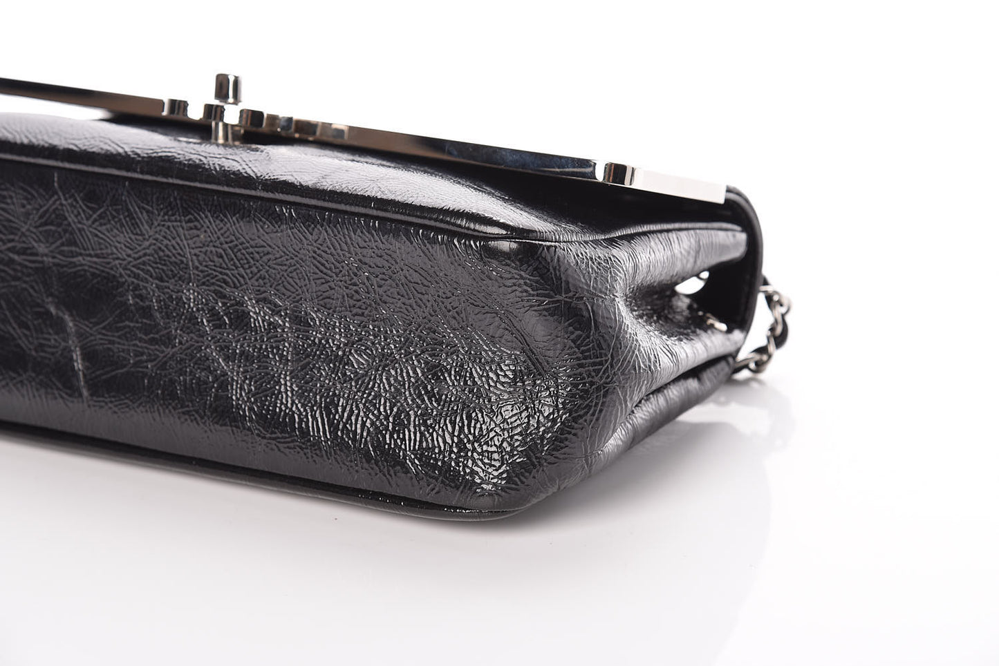 Distressed Patent Calfskin Small Frame Single Flap Black
