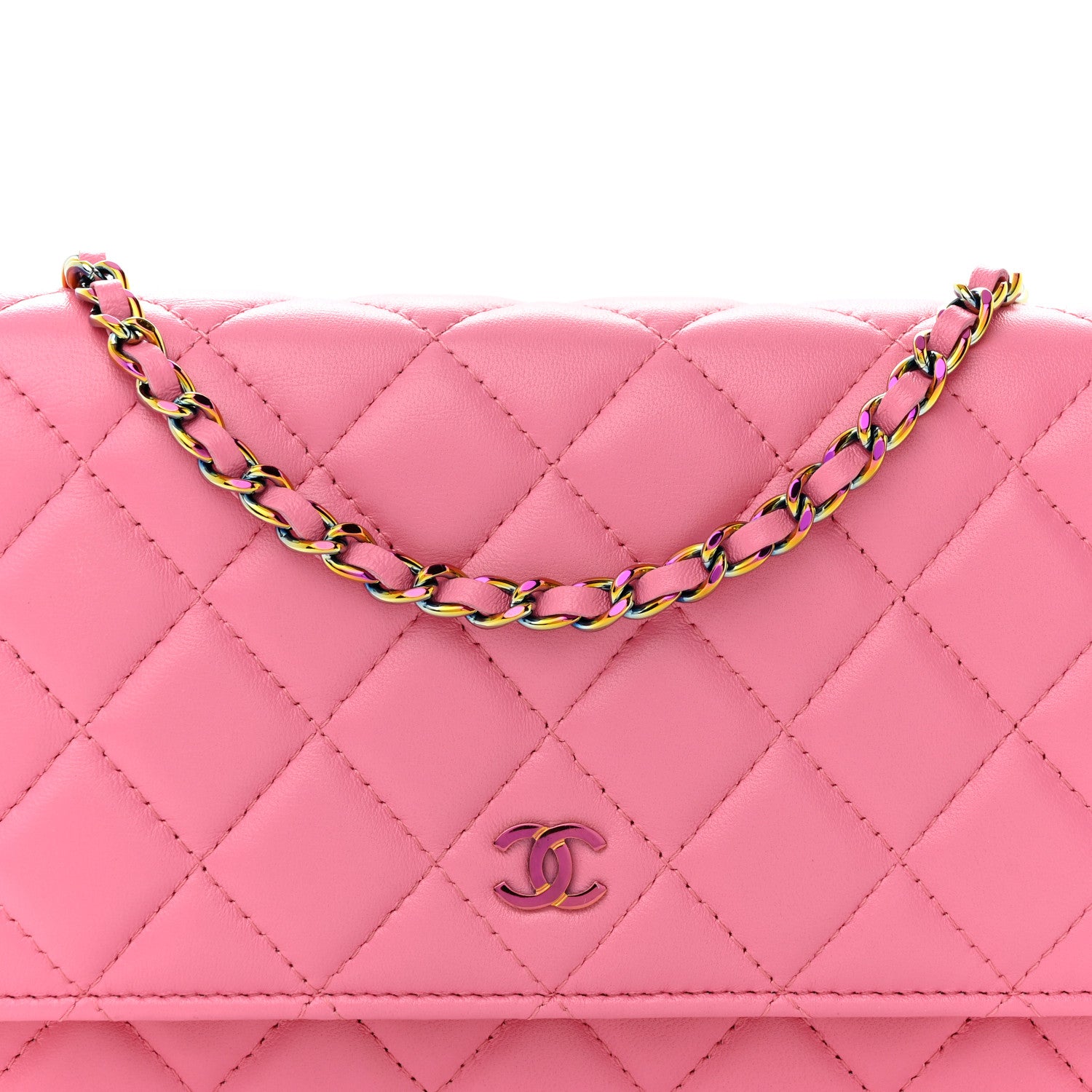 Chanel Lambskin Quilted Wallet On Chain WOC Pink Yellow 9 of 15