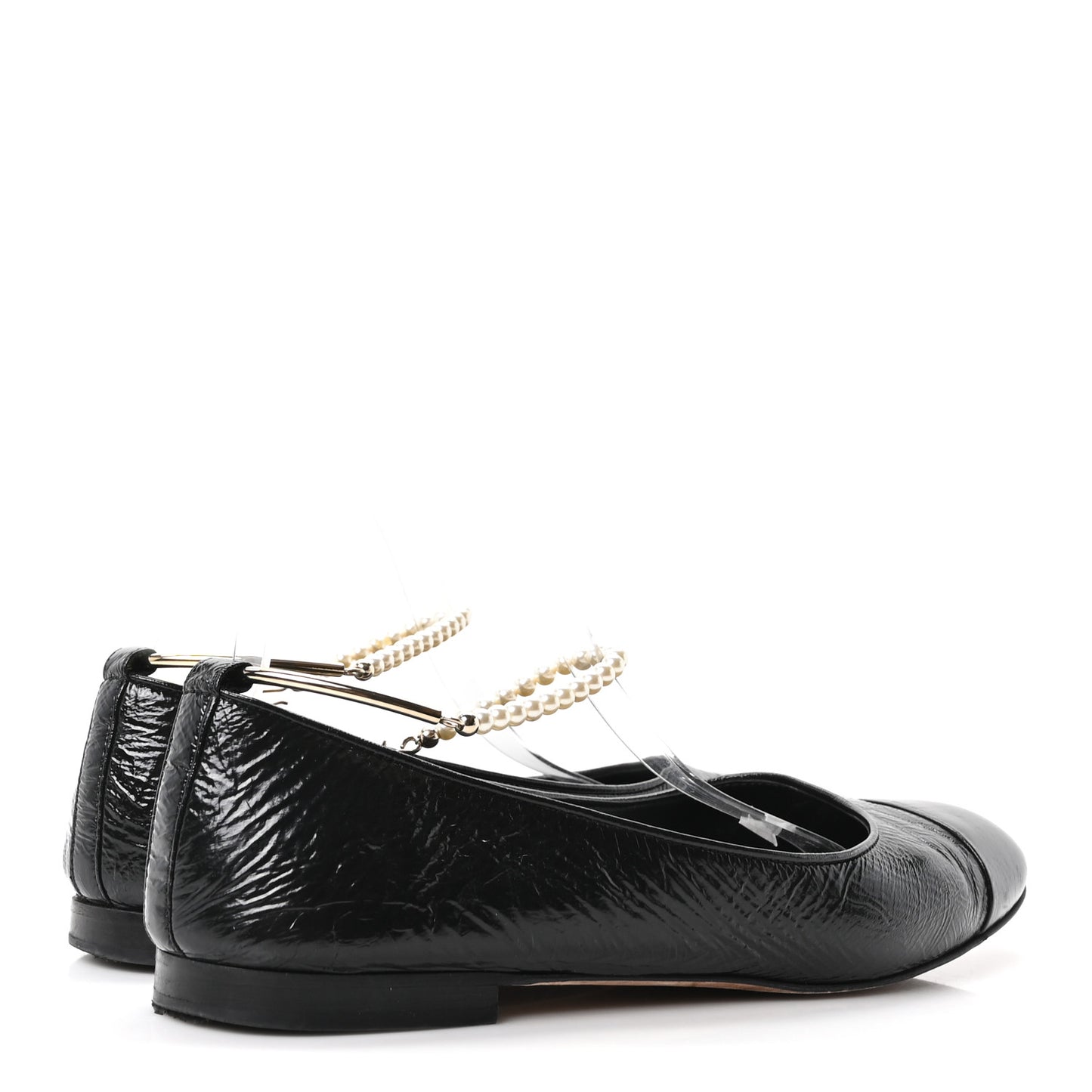 Shiny Lambskin Pearl Cap Toe Ankle Chain Ballerina Flats 41 Black